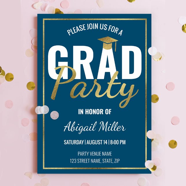 Blue & Gold Modern Script Graduation Party Invitation (Creator Uploaded)