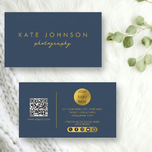 Blue Gold Modern Script QR Code Social Media B Business Card