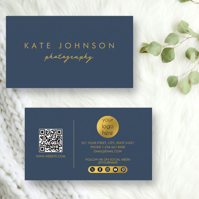 Blue Gold Modern Script QR Code Social Media  B Business Card (Blue Gold Modern Script QR Code Social Media B Business Card)