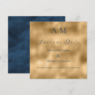 Blue Gold Monogram Modern Wedding Save The Date