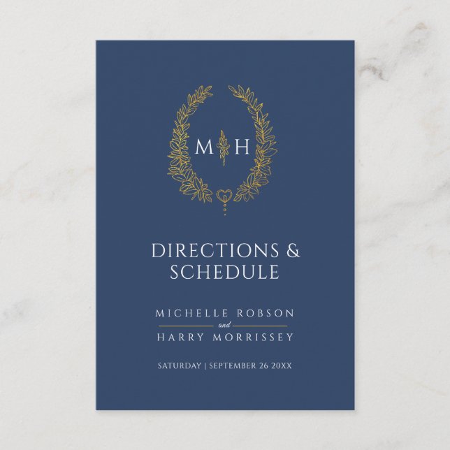 Blue gold monogram wedding directions and schedule enclosure card (Front)