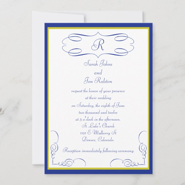 Blue Gold Monogram Wedding Invitation (Front)