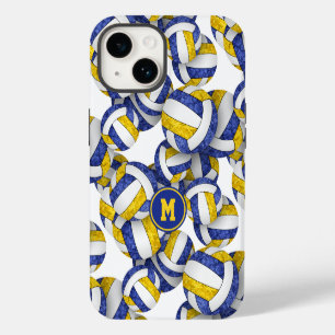 Blue gold monogrammed girly volleyballs pattern iPhone 14 case