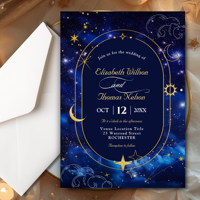 Blue gold moon mystic celestial astronomy wedding invitation (Creator Uploaded)