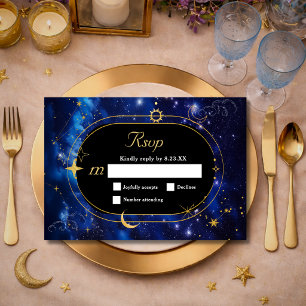Blue gold moon mystic celestial astronomy wedding RSVP card
