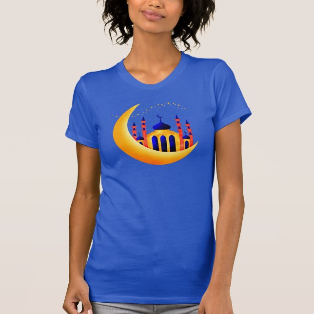Blue & Gold Mosque on Crescent Moons Stars Ramadan T-Shirt (Front)