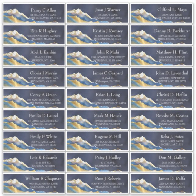 Blue Gold Mountains Wedding Guest Address Sticker (Front)