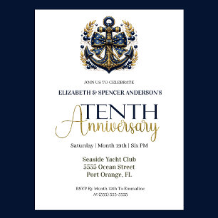 Blue Gold Nautical Anchor 10th Wedding Anniversary Invitation