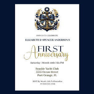 Blue Gold Nautical Anchor 1st Wedding Anniversary Invitation