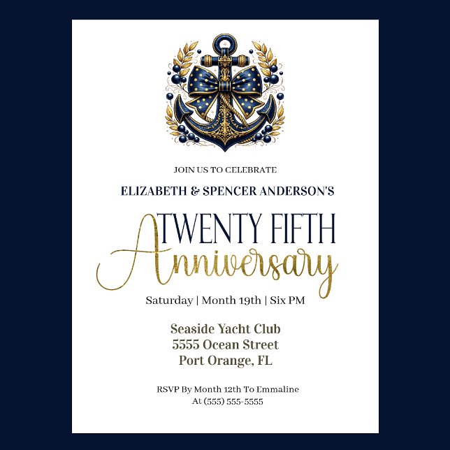 Blue Gold Nautical Anchor 25th Wedding Anniversary Invitation (Navy blue and gold nautical anchor 25th wedding anniversary invitation with elegant coastal theme
)