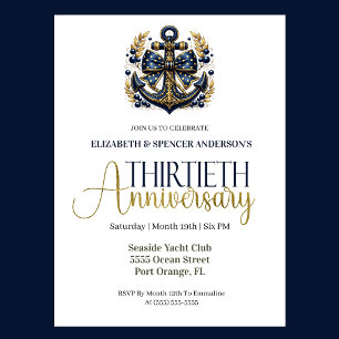 Blue Gold Nautical Anchor 30th Wedding Anniversary Invitation