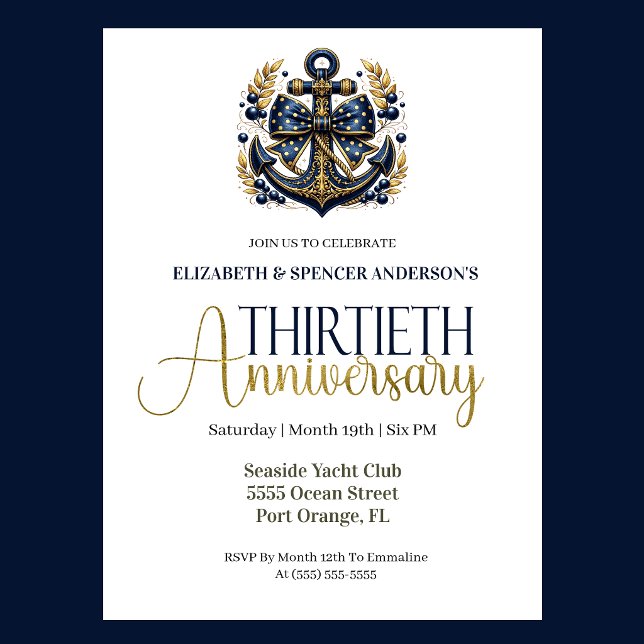 Blue Gold Nautical Anchor 30th Wedding Anniversary Invitation (Navy blue and gold nautical anchor 30th wedding anniversary invitation with elegant coastal theme
)