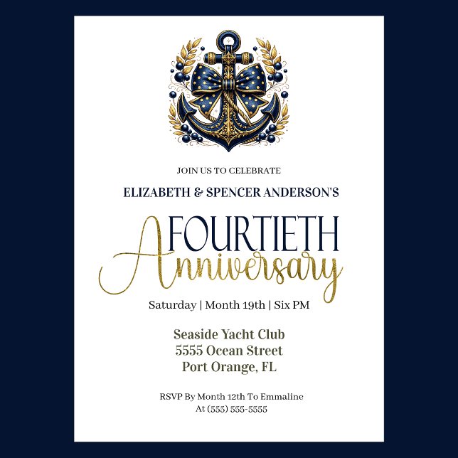 Blue Gold Nautical Anchor 40th Wedding Anniversary Invitation (Navy and gold nautical anchor 40th wedding invitation for girl seaside yacht club theme)