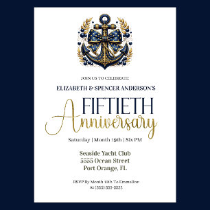 Blue Gold Nautical Anchor 50th Wedding Anniversary Invitation