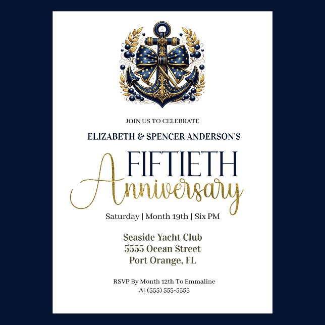 Blue Gold Nautical Anchor 50th Wedding Anniversary Invitation (Navy and gold nautical anchor 50th wedding invitation for girl seaside yacht club theme)