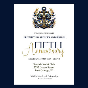 Blue Gold Nautical Anchor 5th Wedding Anniversary Invitation