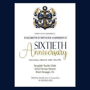 Blue Gold Nautical Anchor 60th Wedding Anniversary Invitation
