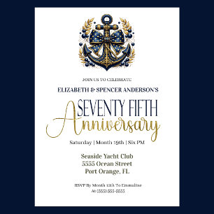 Blue Gold Nautical Anchor 75th Wedding Anniversary Invitation