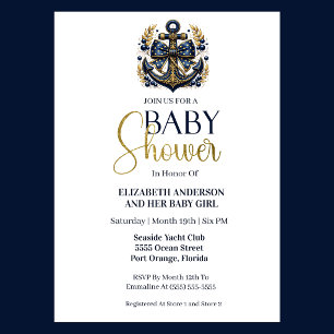 Blue Gold Nautical Anchor Boy Baby Shower Invitation