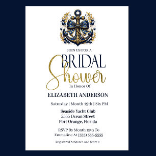 Blue Gold Nautical Anchor Bridal Shower Shower Invitation