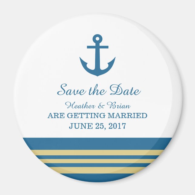 Blue Gold Nautical Anchor Save the Date Magnet (Front)
