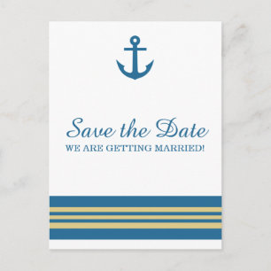 Blue Gold Nautical Anchor Save the Date Postcard