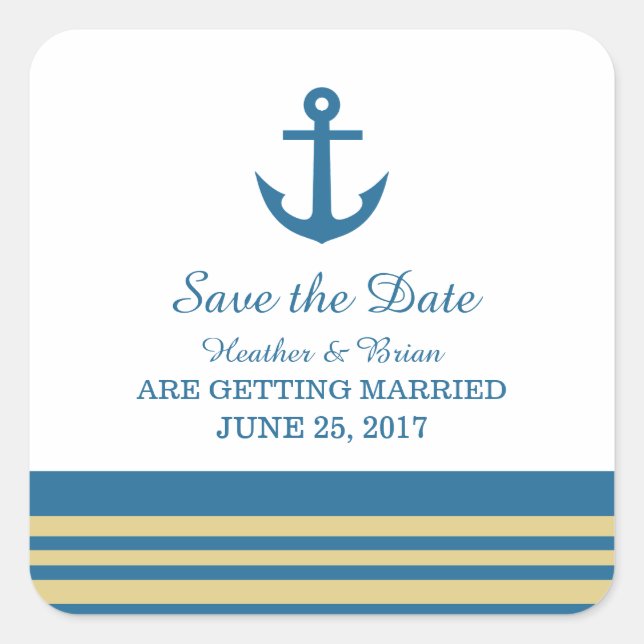 Blue Gold Nautical Anchor Save the Date Stickers (Front)