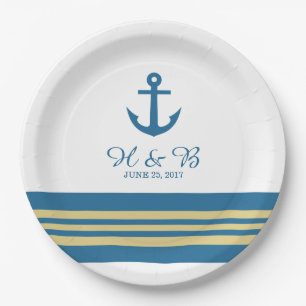 Blue Gold Nautical Anchor Wedding Paper Plates