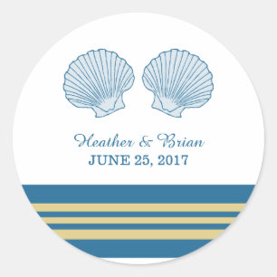 Blue Gold Nautical Seashells Wedding Stickers