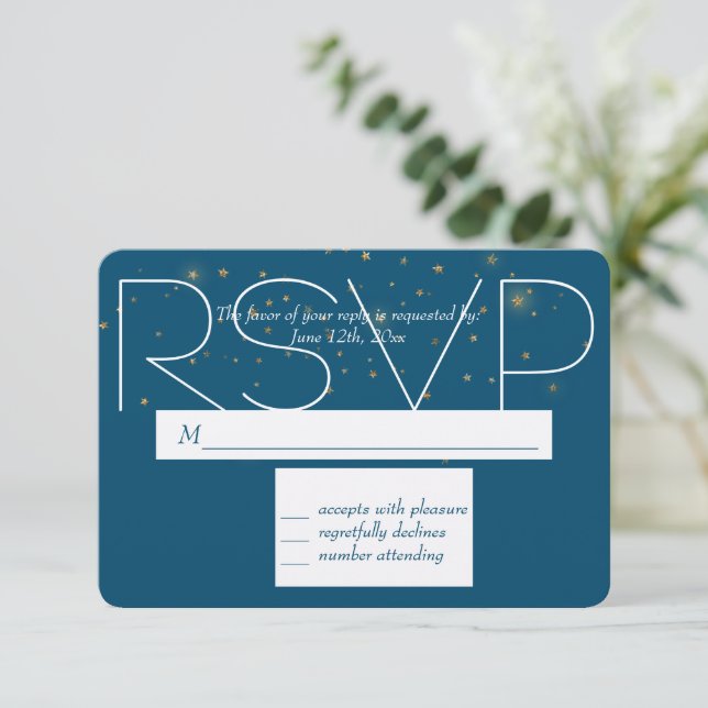 Blue Gold Night Under the Stars RSVP Card (Standing Front)