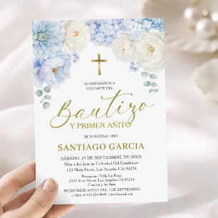 Blue Gold Niño Spanish Bautizo y Primer Anito Invitation