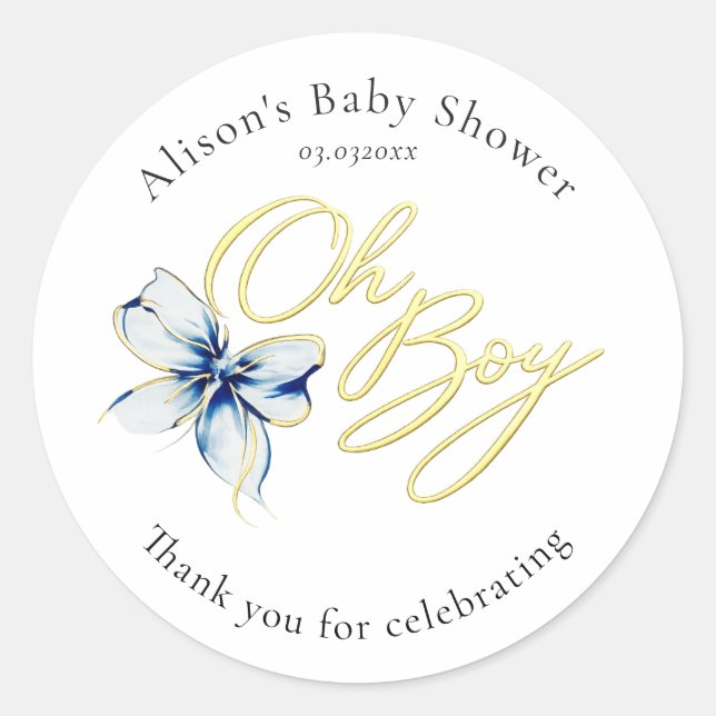 Blue & Gold “Oh Boy” Floral Typography Baby Shower Classic Round Sticker (Front)