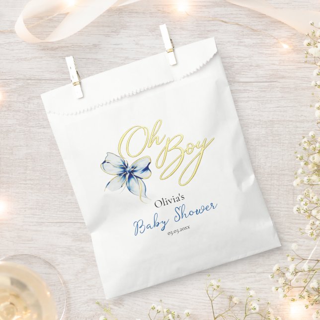 Blue & Gold “Oh Boy” Floral Typography Baby Shower Favour Bags (Clipped)