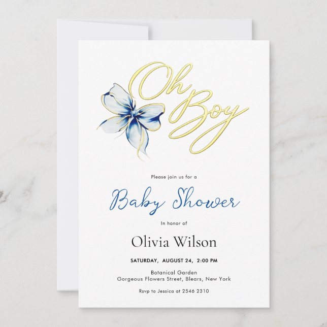 Blue & Gold “Oh Boy” Floral Typography Baby Shower Invitation (Front)