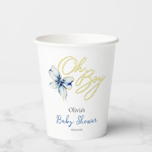 Blue & Gold “Oh Boy” Floral Typography Baby Shower Paper Cups