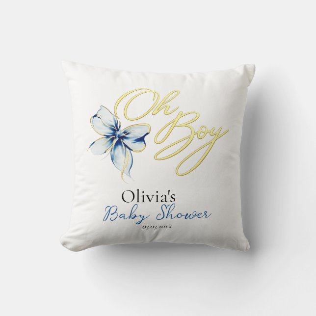 Blue & Gold “Oh Boy” Gold Typography Baby Shower Cushion (Front)