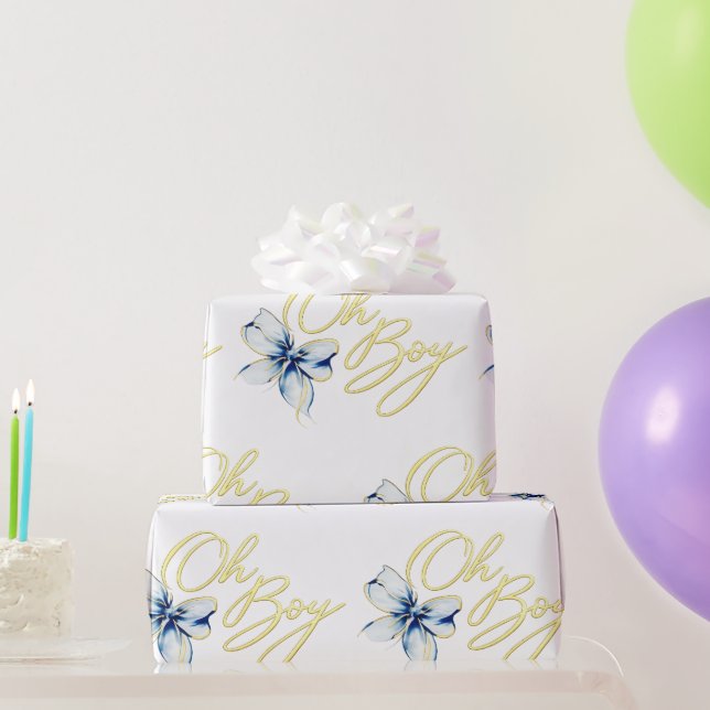 Blue & Gold “Oh Boy” Gold Typography Baby Shower Wrapping Paper (Party Gifts)