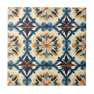 Blue Gold Orange and Brown Pattern Ceramic Tile