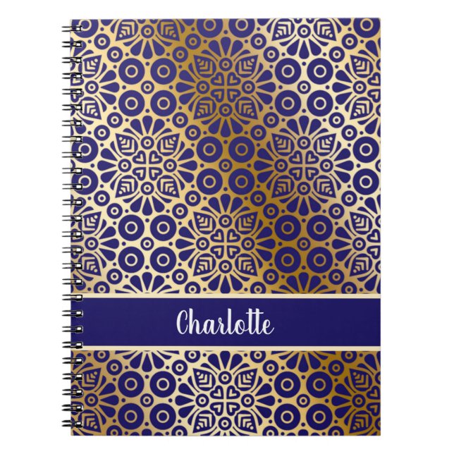 Blue gold oriental pattern script monogram notebook (Front)