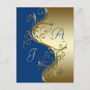 Blue Gold Ornate Swirls Save The Date Announcement Postcard