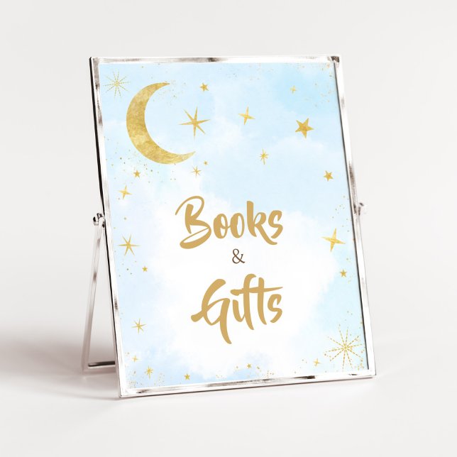 Blue Gold Over The Moon Baby Books and Gifts Poster (Moon and Stars Baby Shower Books and Gifts Sign)