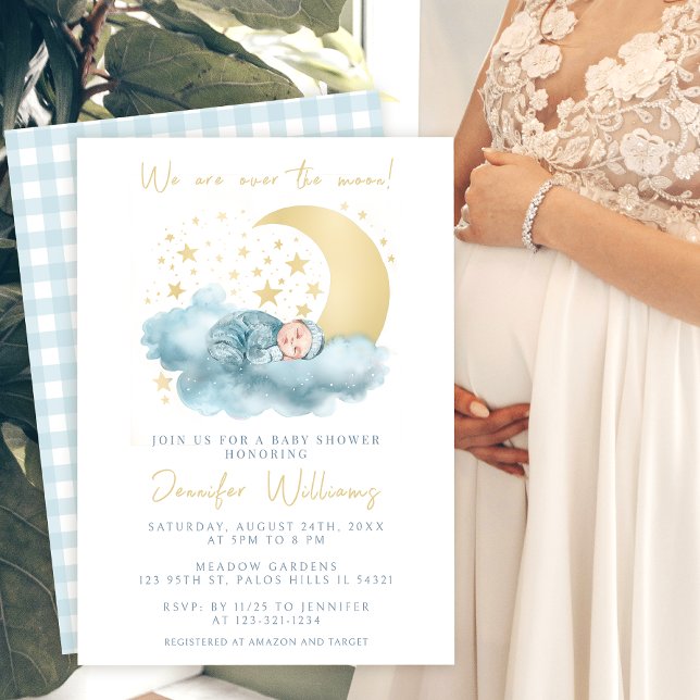 Blue gold over the moon baby boy shower Invitation (Creator Uploaded)