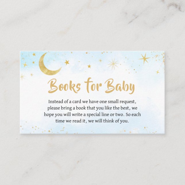 Blue Gold Over The Moon Baby Shower Books for Baby Enclosure Card (Front)