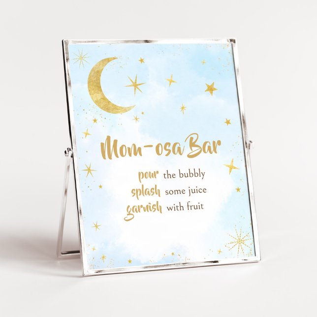 Blue Gold Over The Moon Baby Shower Mum Osa Bar Poster (Moon and Stars Baby Shower Mom Osa Bar Sign)