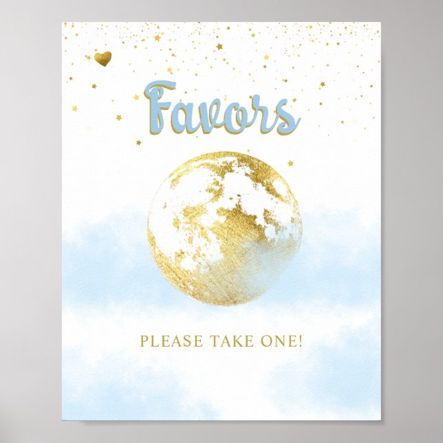 Blue Gold Over the Moon Favours Baby Shower Sign (Front)