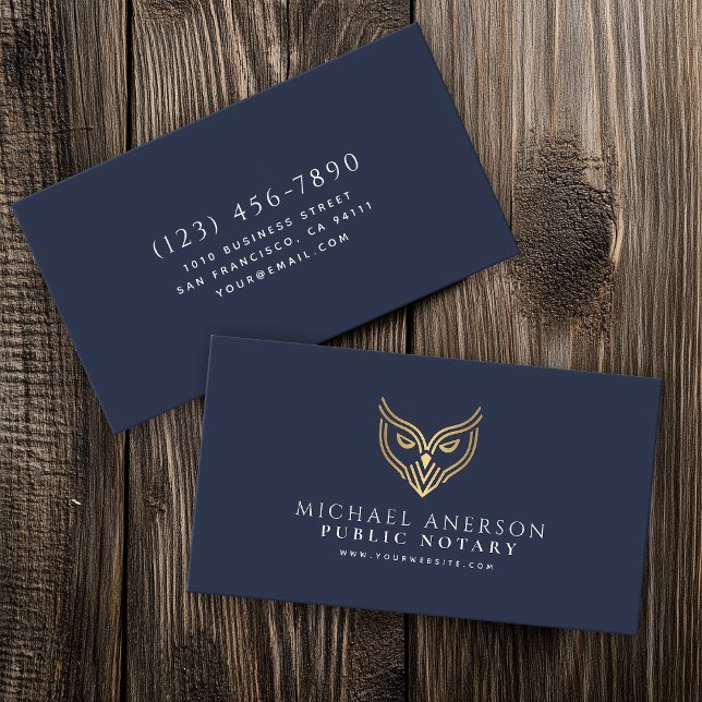 Blue Gold Owl Minimal Notary Loan Signing Agent Business Card (Creator Uploaded)