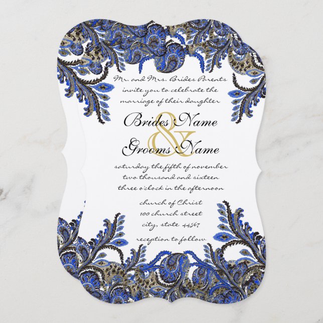 Blue & Gold Paisley Damask Wedding Invite (Front/Back)