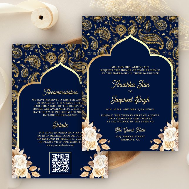 Blue Gold Paisley Floral QR Code Indian Wedding Invitation (Creator Uploaded)