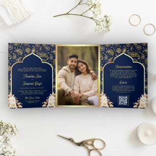 Blue Gold Paisley Floral QR Code Indian Wedding Tri-Fold Invitation