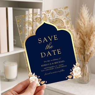 Blue Gold Paisley Indian Wedding Save the Date Acrylic Invitations